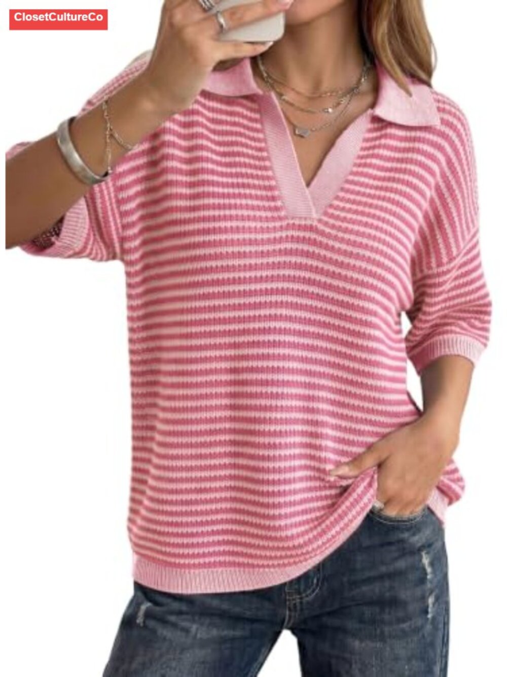 Dokotoo Women's Half Sleeve Striped Sweaters Collared V Neck Knit Top